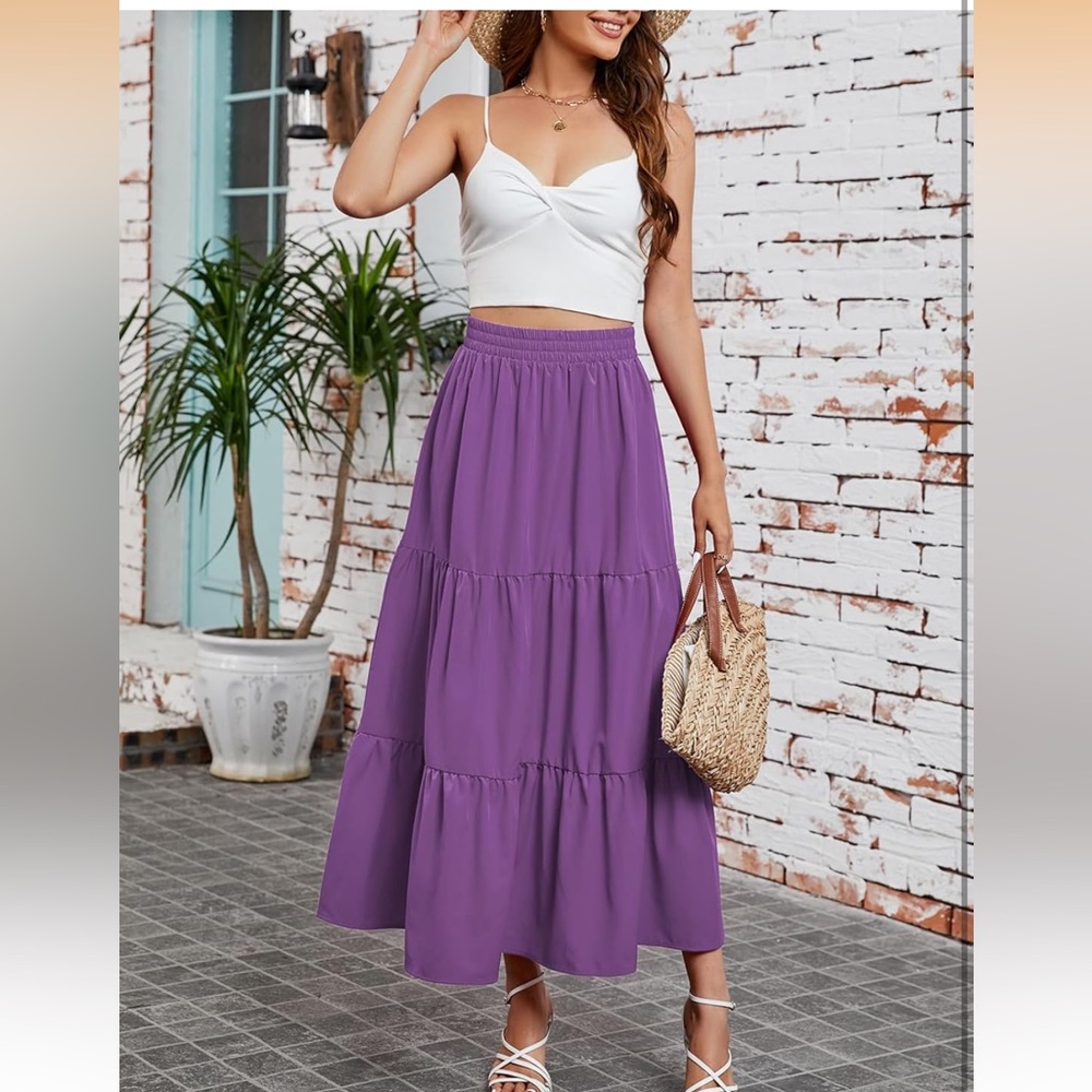 NWOT Women’s Purple High Waist Boho Festival Summer Tiered Maxi Skirt Size Small